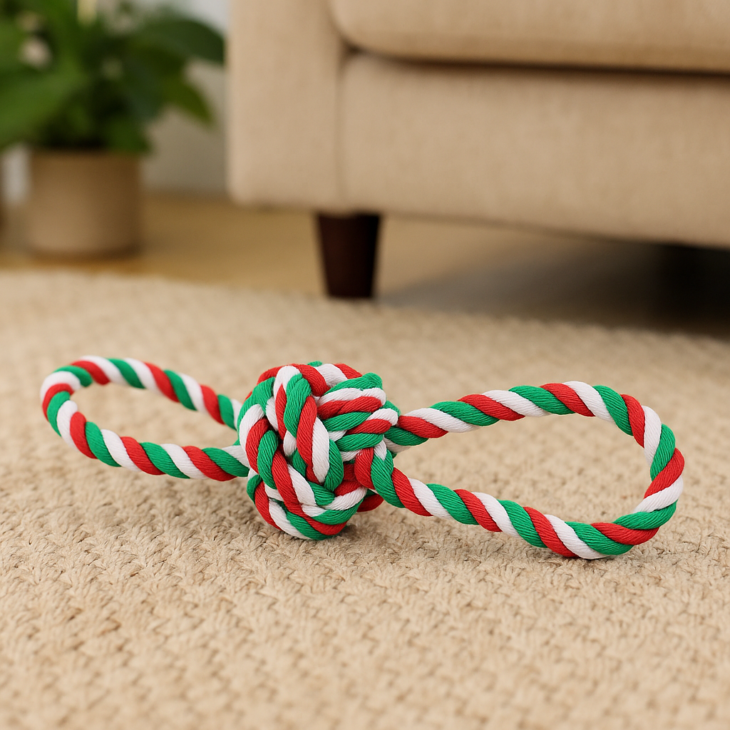 Jouet en corde au couleur de noël en forme de balle avec poignées. Le jouet est posé près d'un canapé blanc et en fond une plante verte. Image produit Boutiquechien