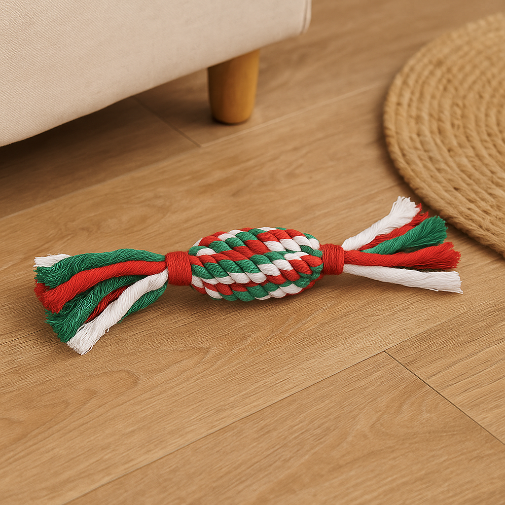 Jouet chien en forme de bonbon posé par terre près d'un canapé de couleur gris et d'un tapis. Image produit Boutiquechien