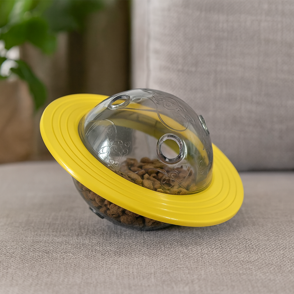 Jouet en forme de planète de couleur jaune avec des friandises dedans. Le jouet est posé sur un canapé gris avec en fond une plante verte. Image produit Boutiquechien