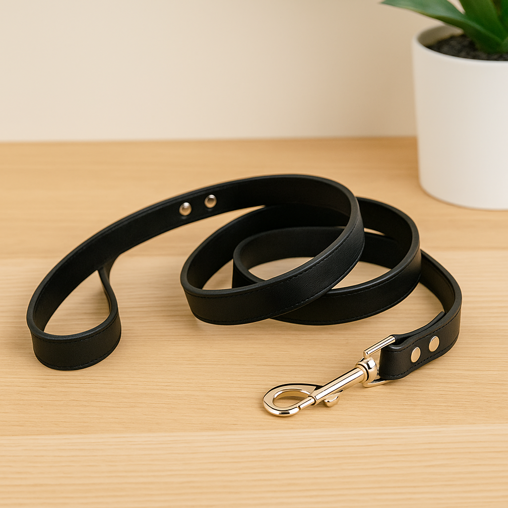 laisse chien de couleur noir style cuir posé sur une table de couleur claire près d'un pot de fleur blanc. Image produit Boutiquechien