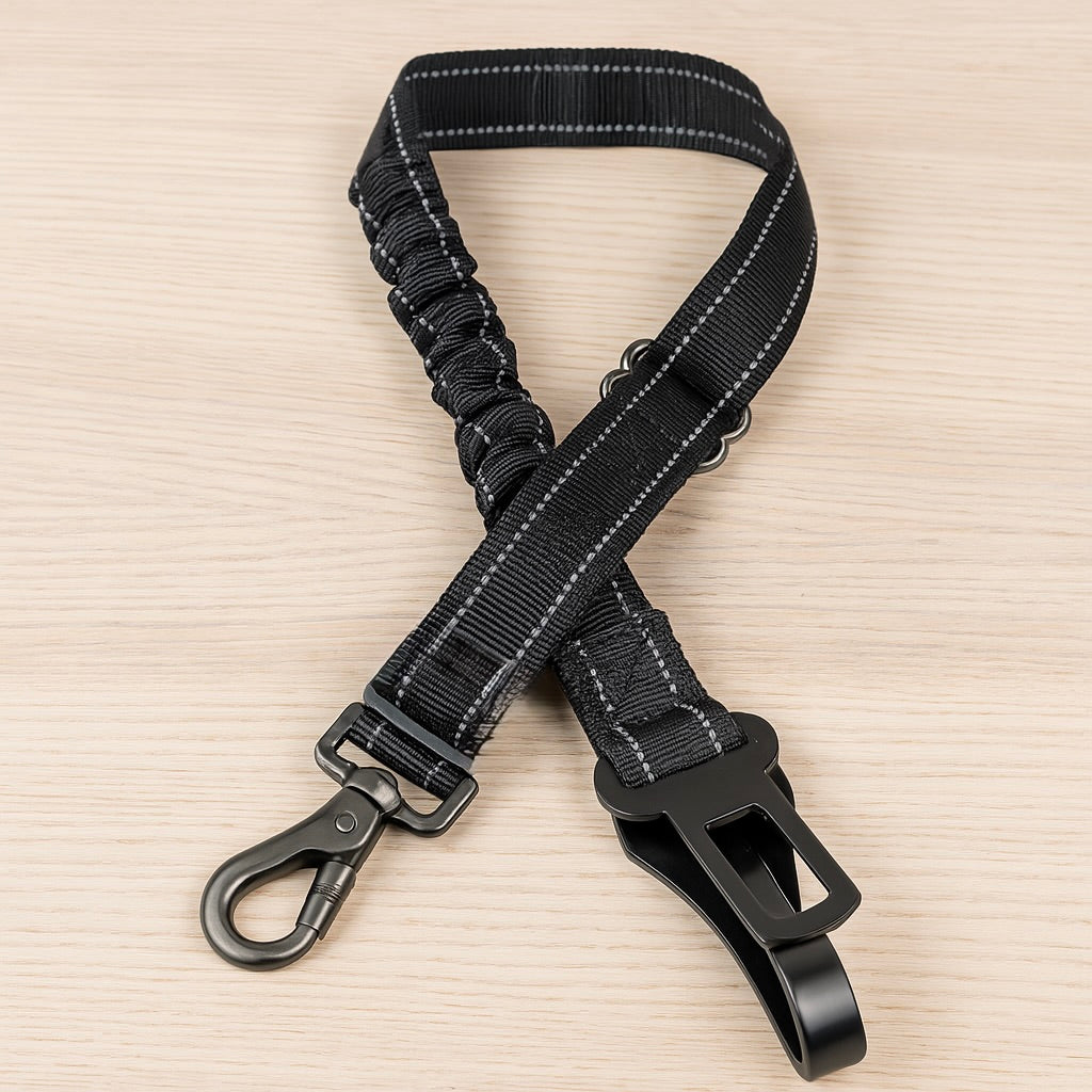 laisse de sécurité pour chien de couleur noir avec plusieurs moyen de maintient pout chien. La laisse de sécurité est très développe est possède énormément de point fort avec toutes les attaches. Image produit Boutiquechien