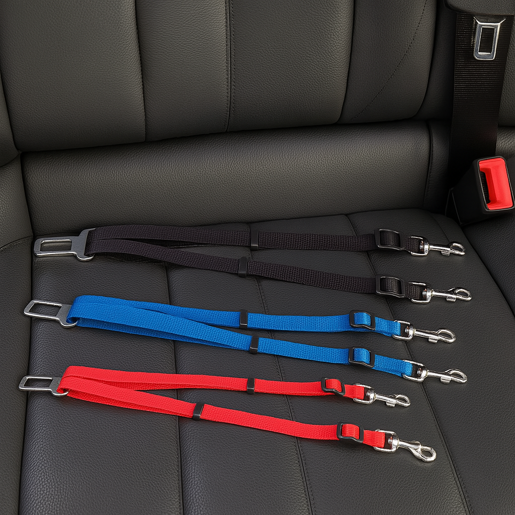 laisse double pour chien de couleur noir, bleu et rouge posé sur un siège arrière d'une voiture. Image produit Boutiquechien