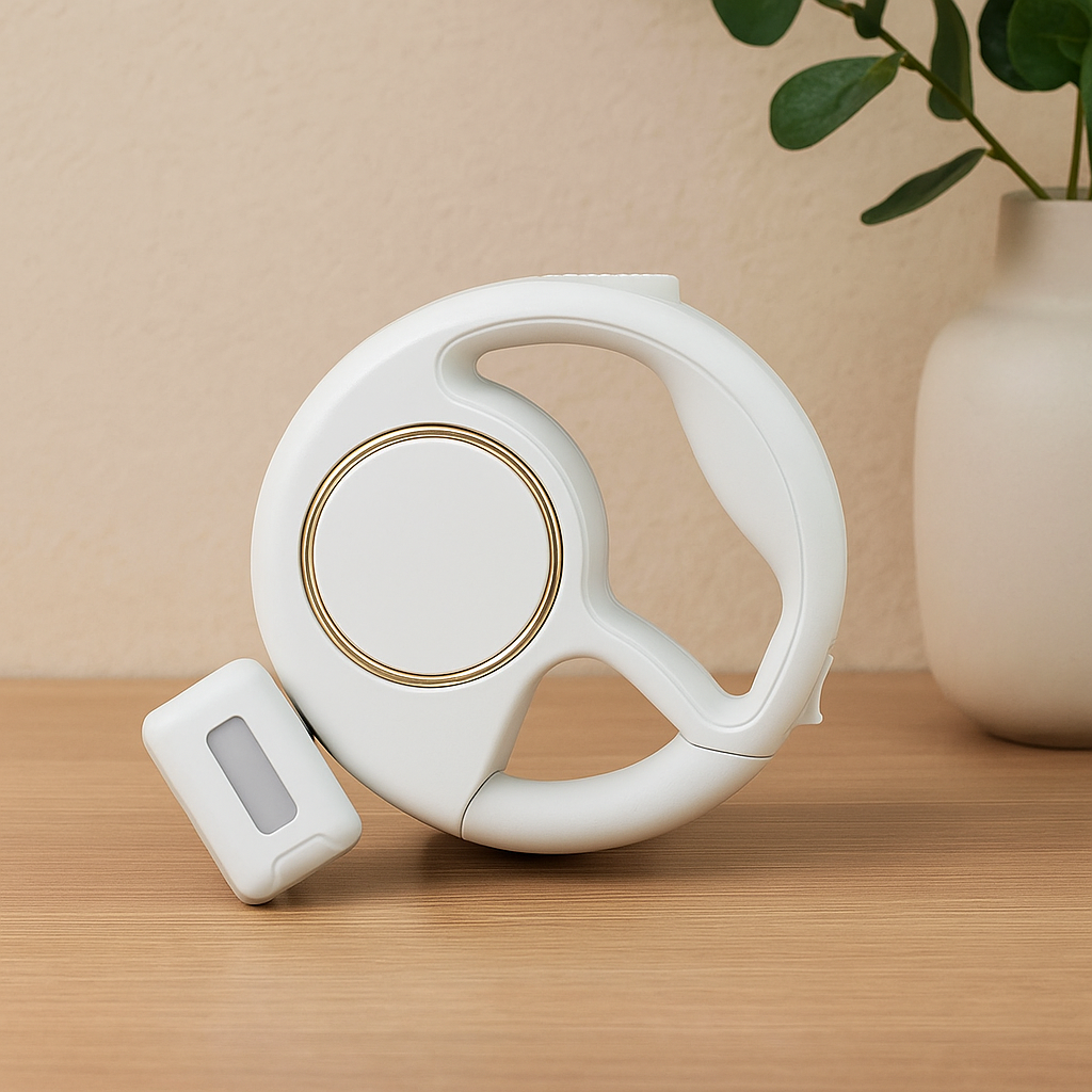 Laisse enrouleur de couleur blanc et rond, posé dans sur tablette en bois avec en fond une plante verte. Image produit Boutiquechien