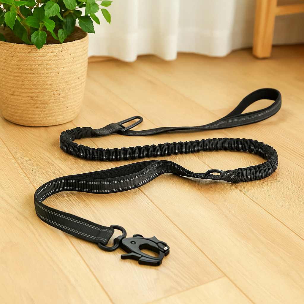 Laisse de couleur noir résistant et durable. La laisse chien est élastique dans une pièce de couleur claire. Image produit Boutiquechien