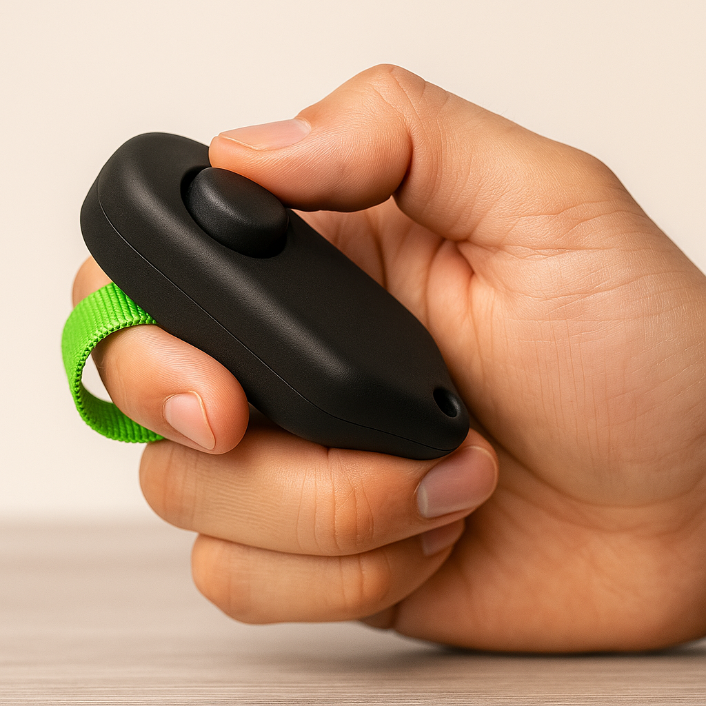 Main tenant le clicker pour chien de couleur avec une main blanche. Image produit Boutiquechien