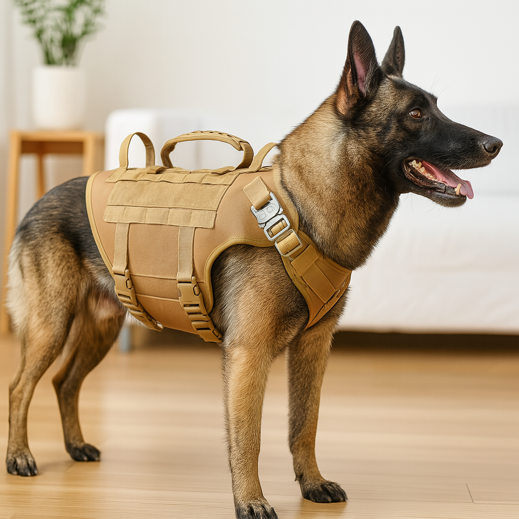 Malinois de couleur claire avec un harnais chien durable de couleur beige. Image produit Boutiquechien