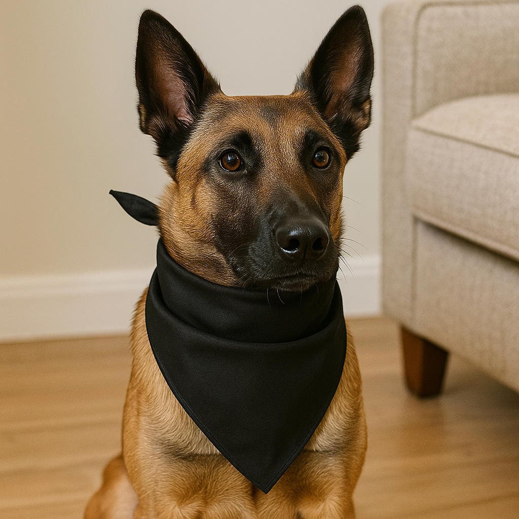 Malinois de couleur brun portant un bandana pour chien de couleur noir. le chien est assis devant un canapé de couleur gris. Image produit Boutiquechien