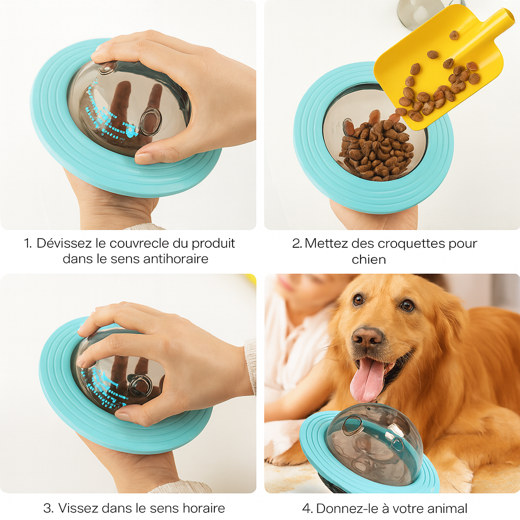 Fonctionnement du rechargement en friandise de la boule à friandise pour chien. Image produit Boutiquechien