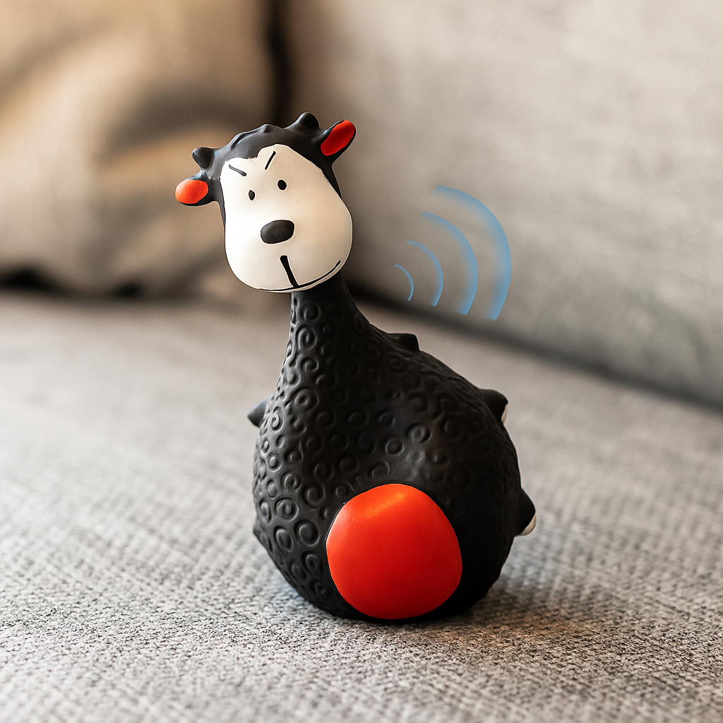 mouton grinçant de couleur noir et rouge posé sur un canapé de couleur gris. Image produit Boutiquechien
