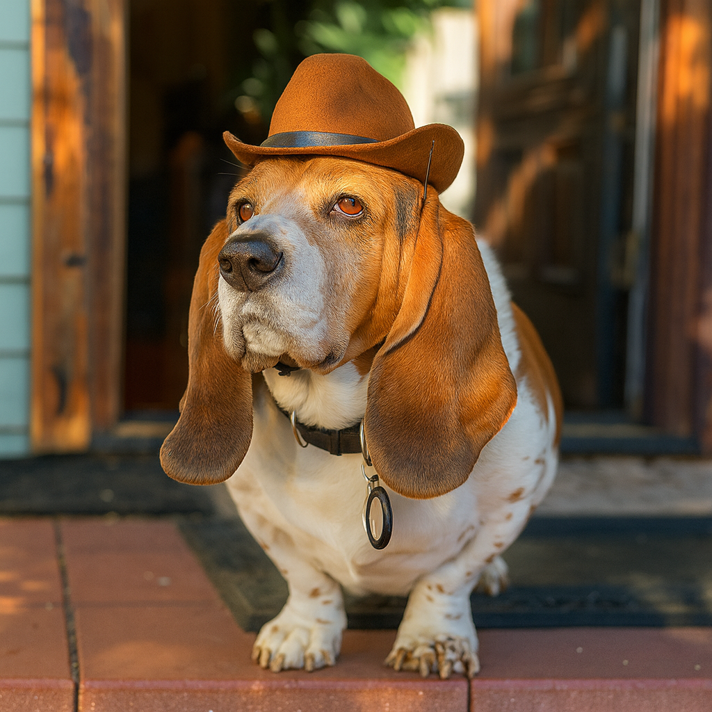 Chien de taille moyenne portant un chapeau de Cow boy pour chien de couleur brun. le chien est devenu une porte en bois. Image produit Boutiquechien