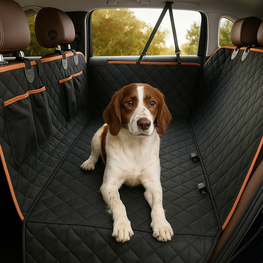 moyen chien de couleur blanc et brun couché sur une protection de siège de couleur noir et orange avec des rangement. image produit Boutiquechien