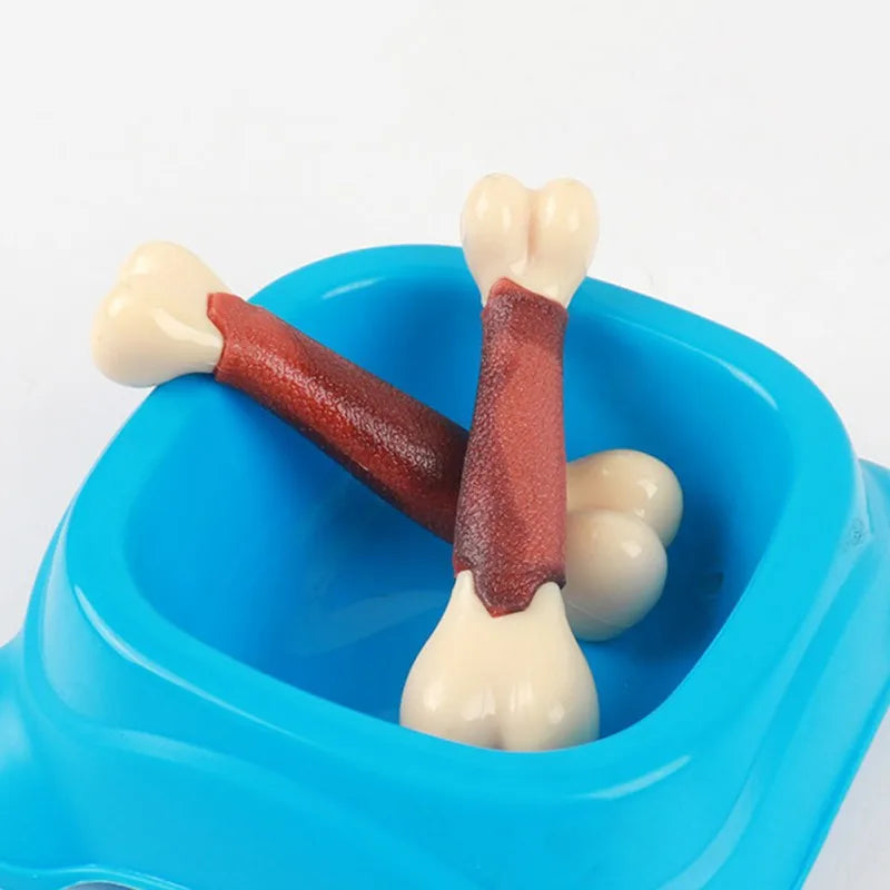 jouet à mâchouiller en forme d'os pour chien dans une gamelle de couleur bleu. Image produit Boutiquechien