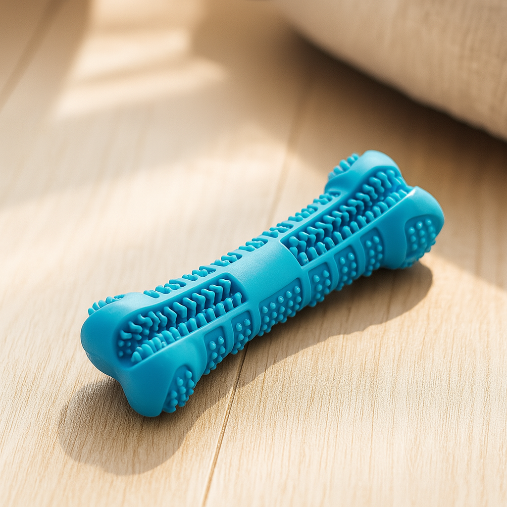 Os pour chien de couleur bleu en caoutchouc. L'os pour chien brosse les dents des chiens. Image produit Boutiquechien