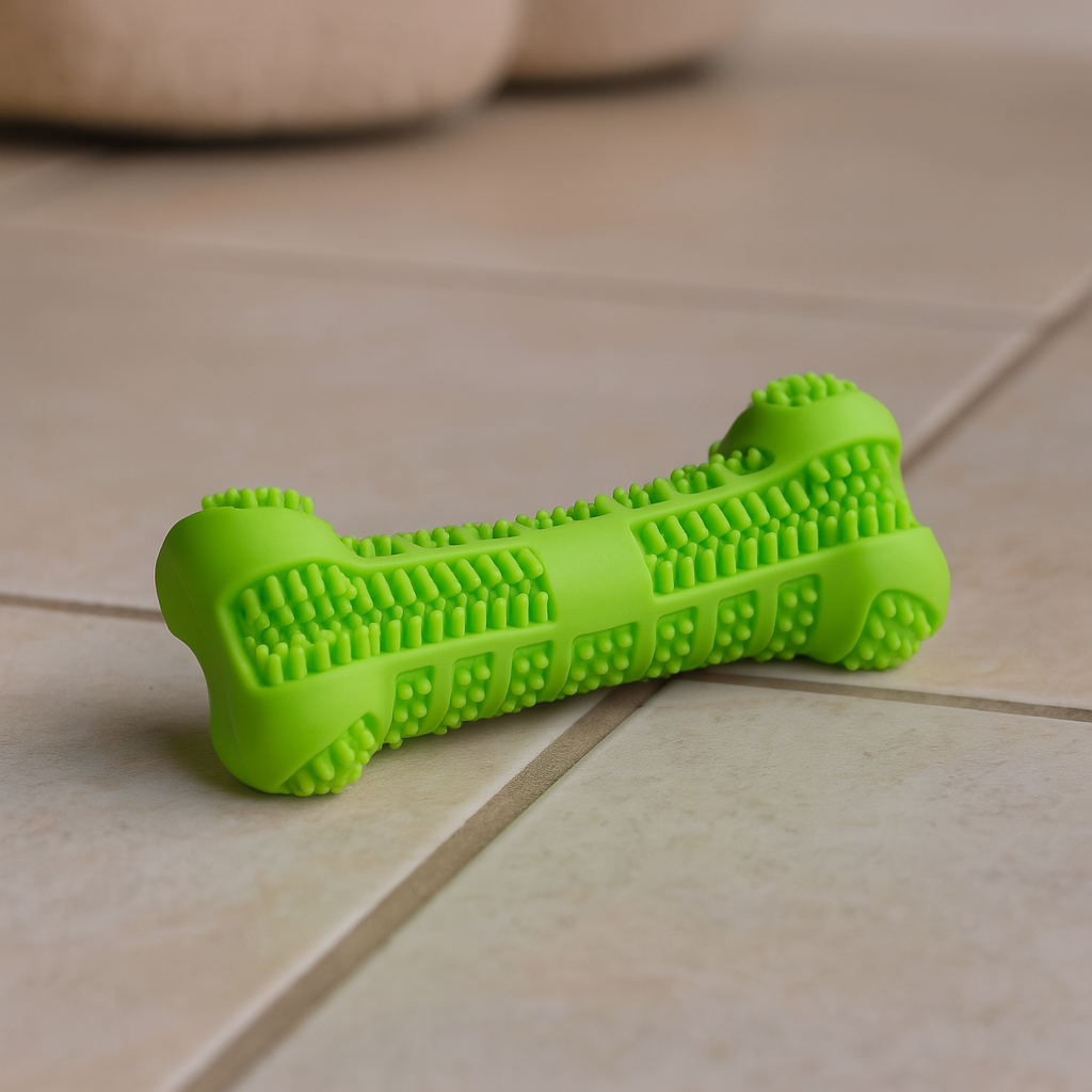 os pour chien de couleur bleu dentifrice. L'os pour Chien est posé sur un carrelage de couleur blanc. Image produit Boutiquechien