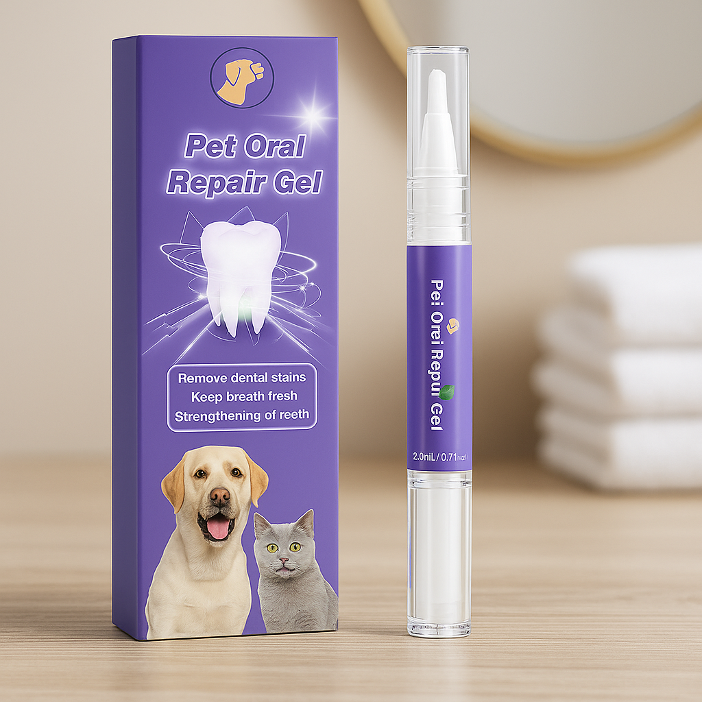 packaging du soin dentaire posé sur table de couleur claire avec en fond des serviettes blanches et un miroir. Image produit Boutiquechien