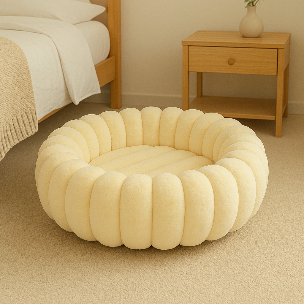 Panier chien xl de couleur blanc devant une commode et à côté d'un lit. Image produit Boutiquechien