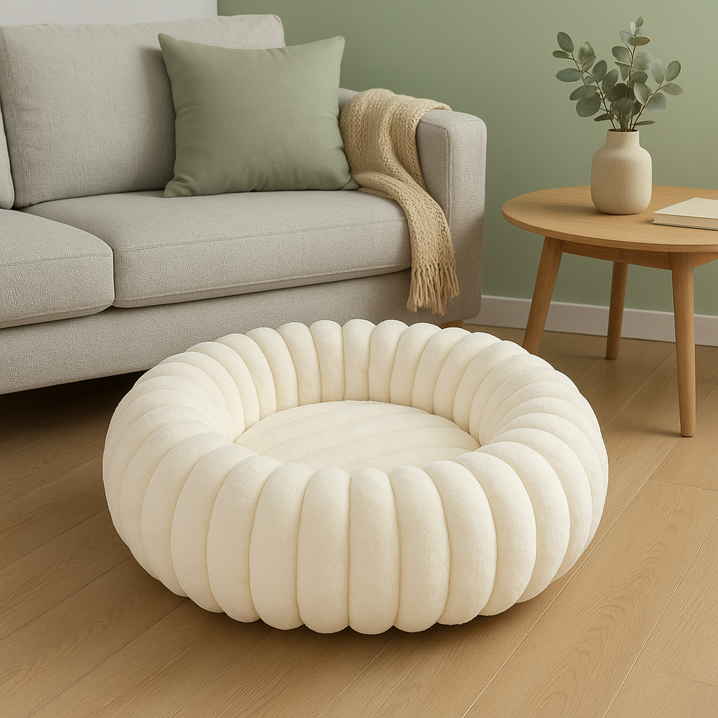Panier chien xl de couleur blanc style fluffy. Le panier chien xl est devant un canapé de couleur gris et une table basse en bois. Image produit Boutiquechien