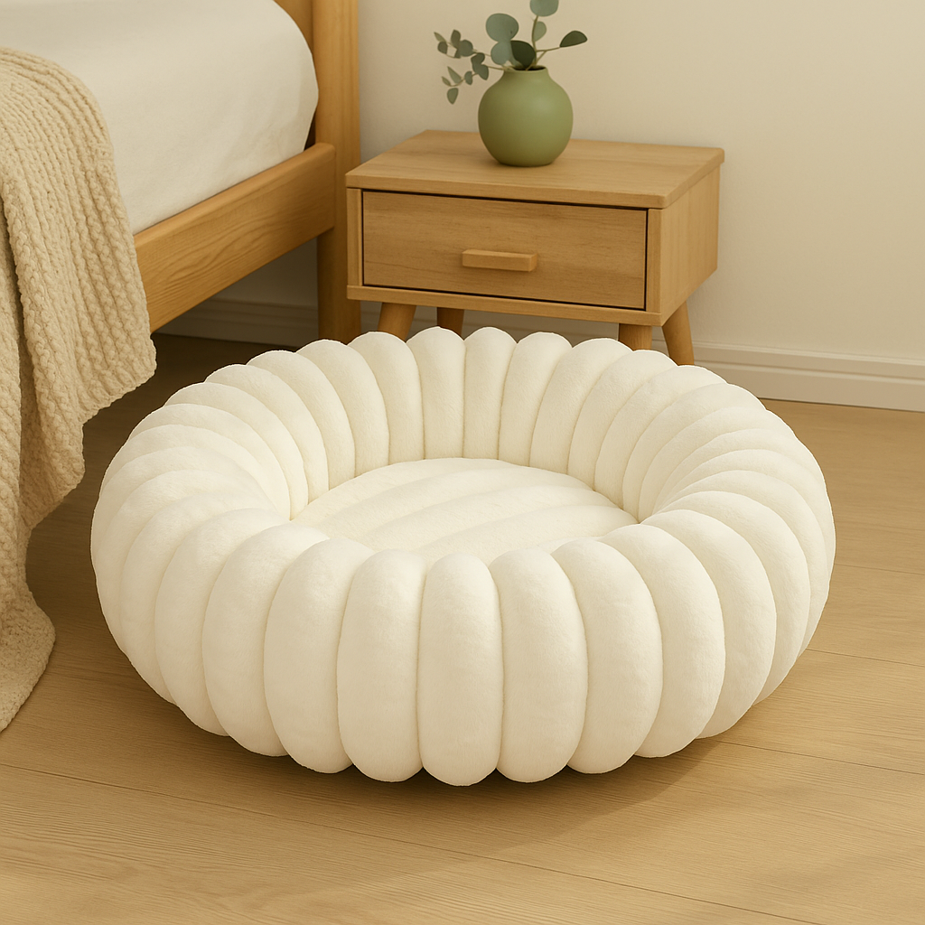 Panier xl chien style fluffy pour chien. Le panier xl chien est posé par terre à côté d'un lit en bois et blanc et devant une commode en bois. Image produit Boutiquechien