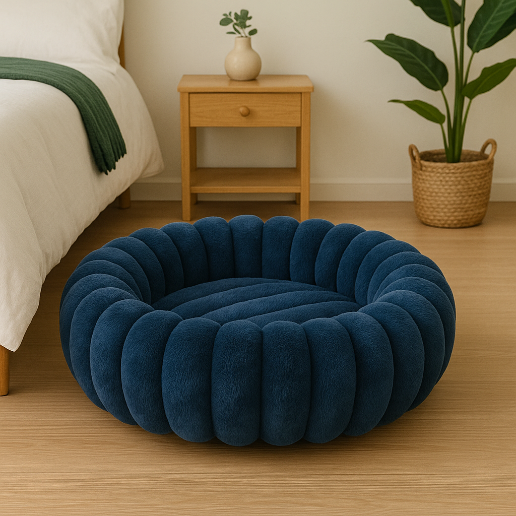 Panier chien xl de couleur bleu en style fluffy. Le panier chien xl est posé à côté d'un lit blanc et d'une commode en bois et d'une plante verte. Image produit Boutiquechien
