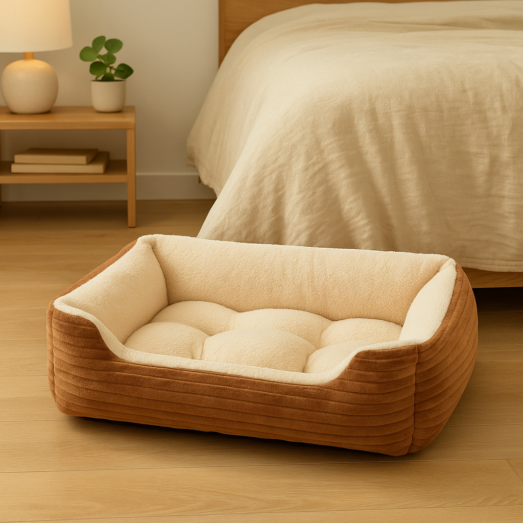 Panier chien xxl de couleur brun posé dans une chambre de couleur claire avec en fond un lit de couleur brun et une table basse en bois. Image produit Boutiquechien