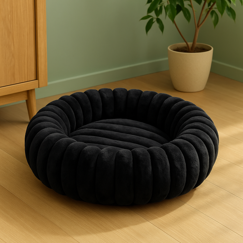 panier pour chien xl noir. Le panier pour chien xl noir fluffy moelleux. Le panier chien xl est près d'un pot de fleur vert. Image produit Boutiquechien