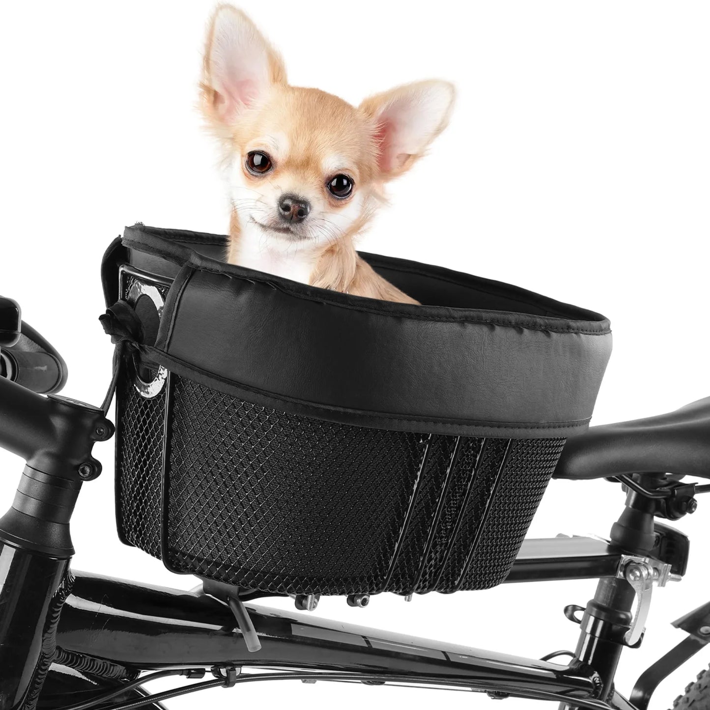 panier à vélo pour chien de couleur noir. Le panier chien est dépose sur une barre accroché au cadre du vélo et à la selle du vélo. Un chihuahua blanc et assis dans le panier chien vélo avec double accroche. Image produit Boutiquechien