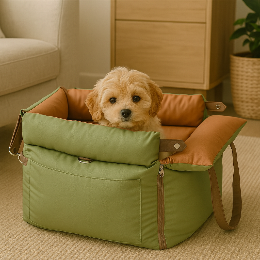 Petit panier de transport pour chien de couleur vert orange pour chien avec en fond un canapé pour chien de couleur gris. en fond ll y a un meuble en bois et une plante verte. un petit chien blanc et assis dans ce panier chien. Image produit Boutiquechien