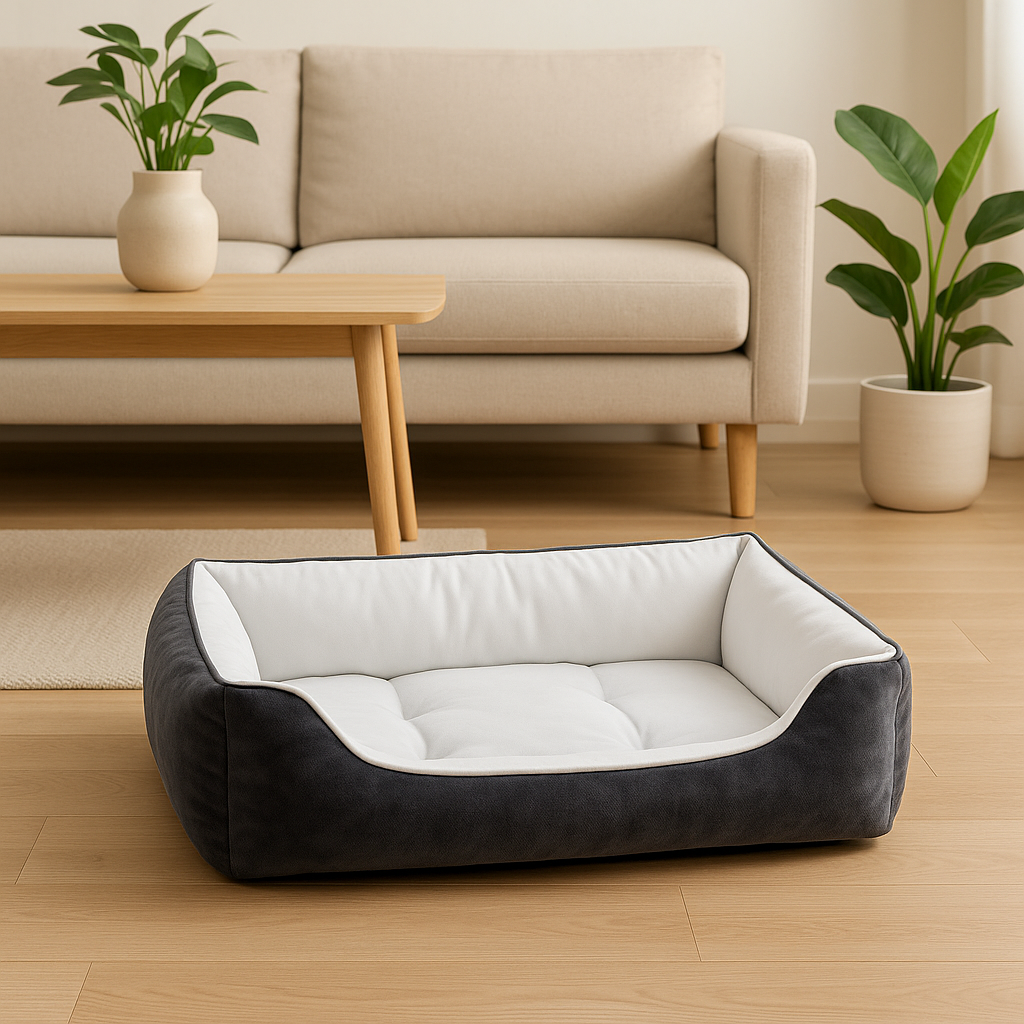 Panier chien xxl dans un salon de couleur claire avec en fond un canapé blanc, une plante verte, et une table basse en bois. Image produit Boutiquechien