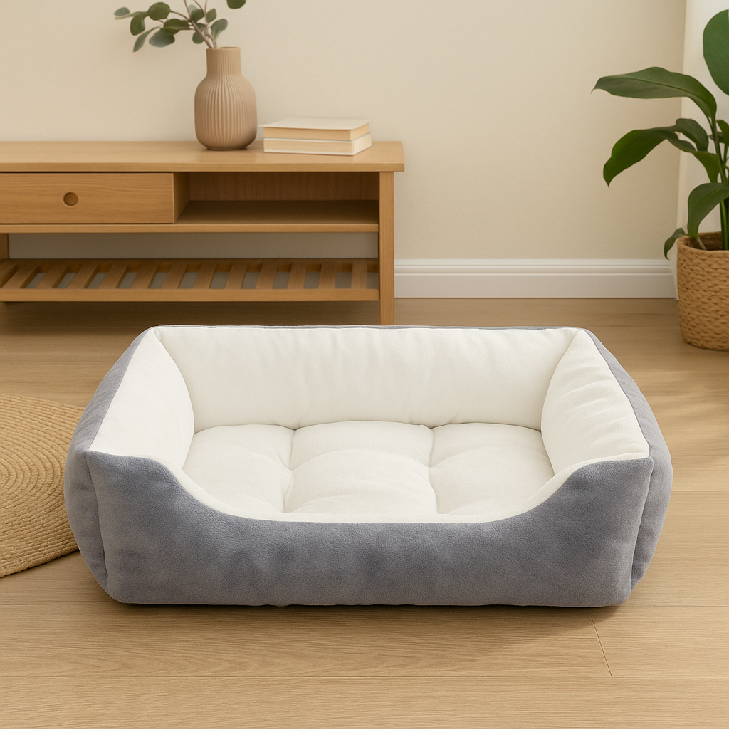Panier chien xxl de couleur gris et blanc posé dans un salon design de couleur claire. En fond il y a une table basse en bois avec un pote fleur dessus. Image produit Boutiquechien