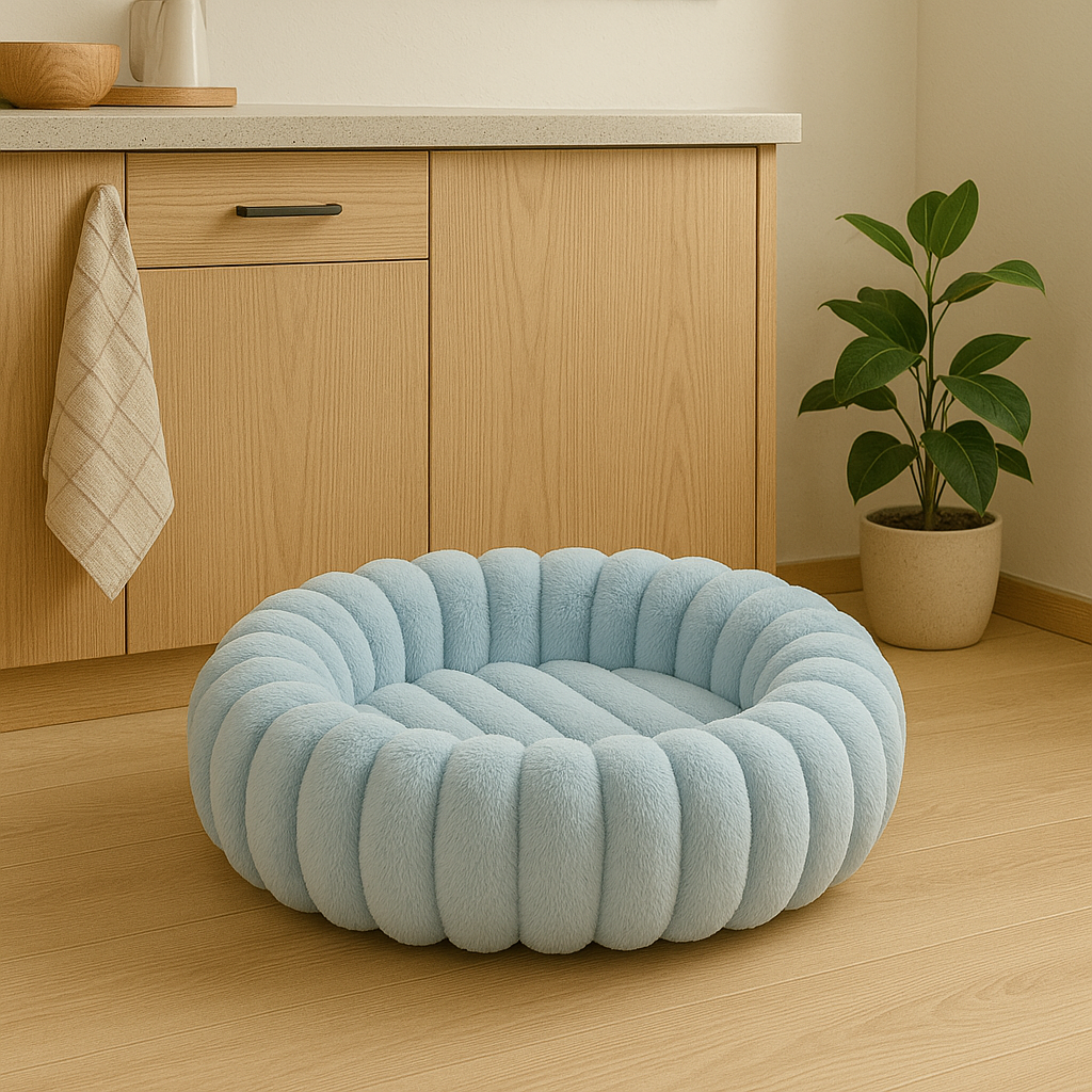 Panier chien fluffy de couleur bleu posé dans une cuisine de couleur claire. Image produit Boutiquechien