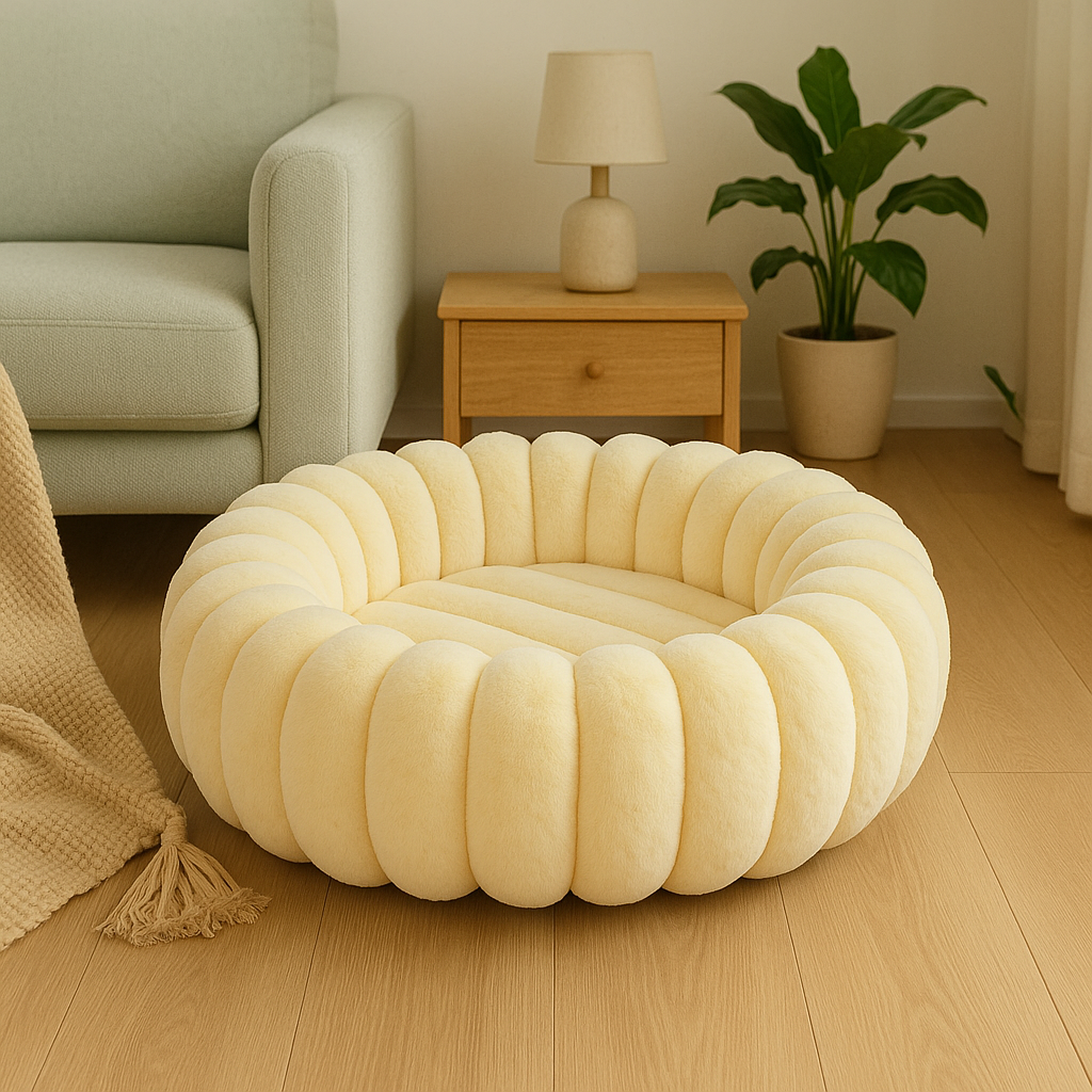 Panier chien xl de couleur blanc de style fluffy. Le panier chien xl est devant le canapé gris et d'une commode en bois avec une lampe. Image produit Boutiquechien