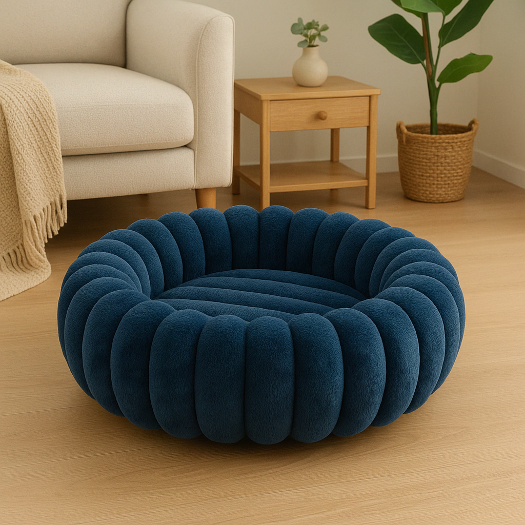panier chien xl de couleur bleu en forme de panier fluffy. Le panier chien xl est posé devant un canapé blanc et une commode en bois vers une plante verte. Image produit Boutiquechien
