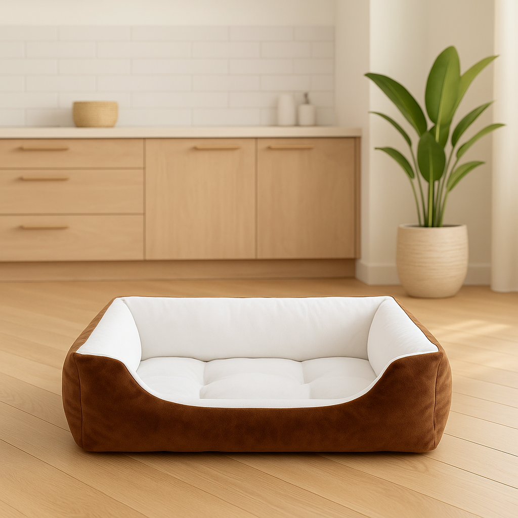 Panier chien xxl de couleur brun et blanc posé dans une cuisine de couleur claire. Image produit Boutiquechien