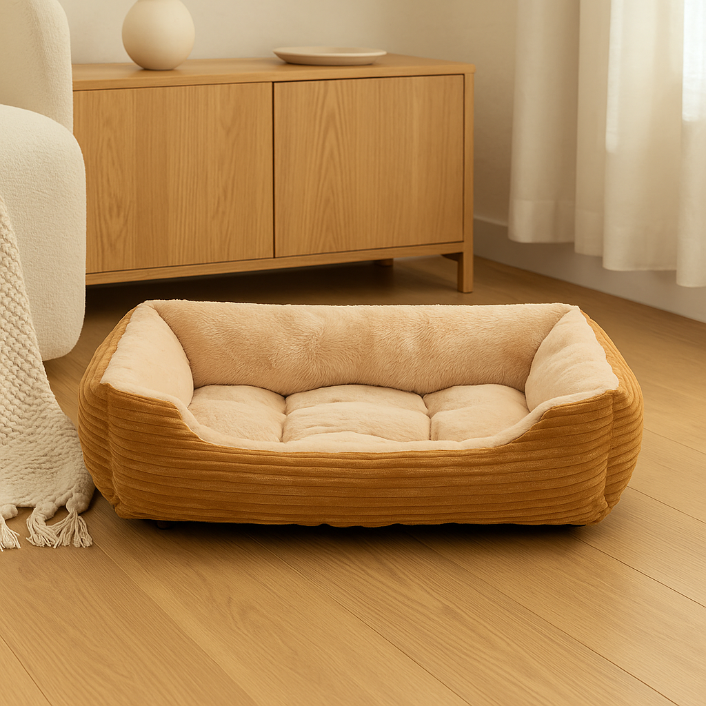 Panier chien xxl beige et brun posé dans un salon de couleur claire avec une commode et un canapé blanc. Image produit Boutiquechien