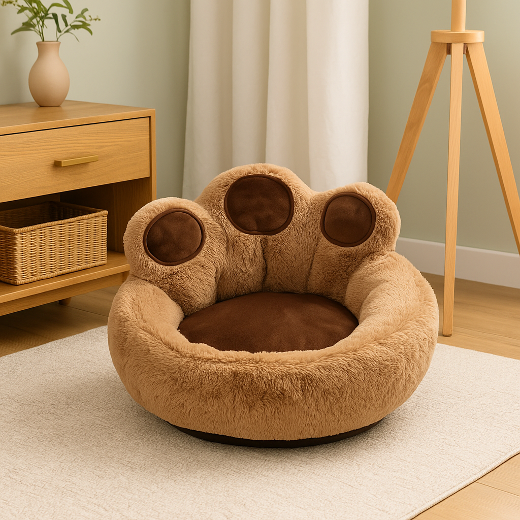 Panier chien xl en forme de pattes de couleur brun posé dans un salon élégant de couleur claire et bois. Image produit Boutiquechien