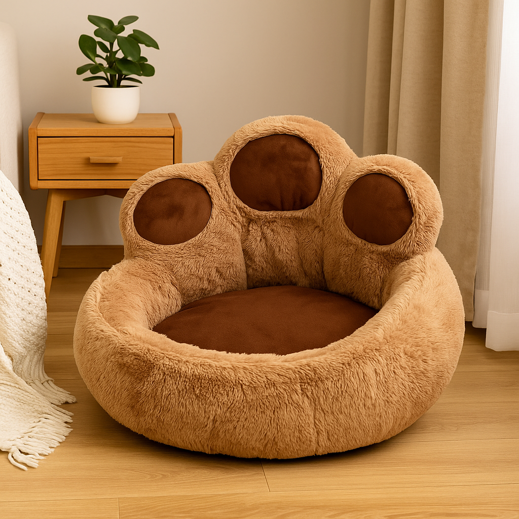 Panier chien xl en forme de pattes ^psé dans une chambre de couleur claire près d'un lit et d'une commode en bois. Image produit Boutiquechien
