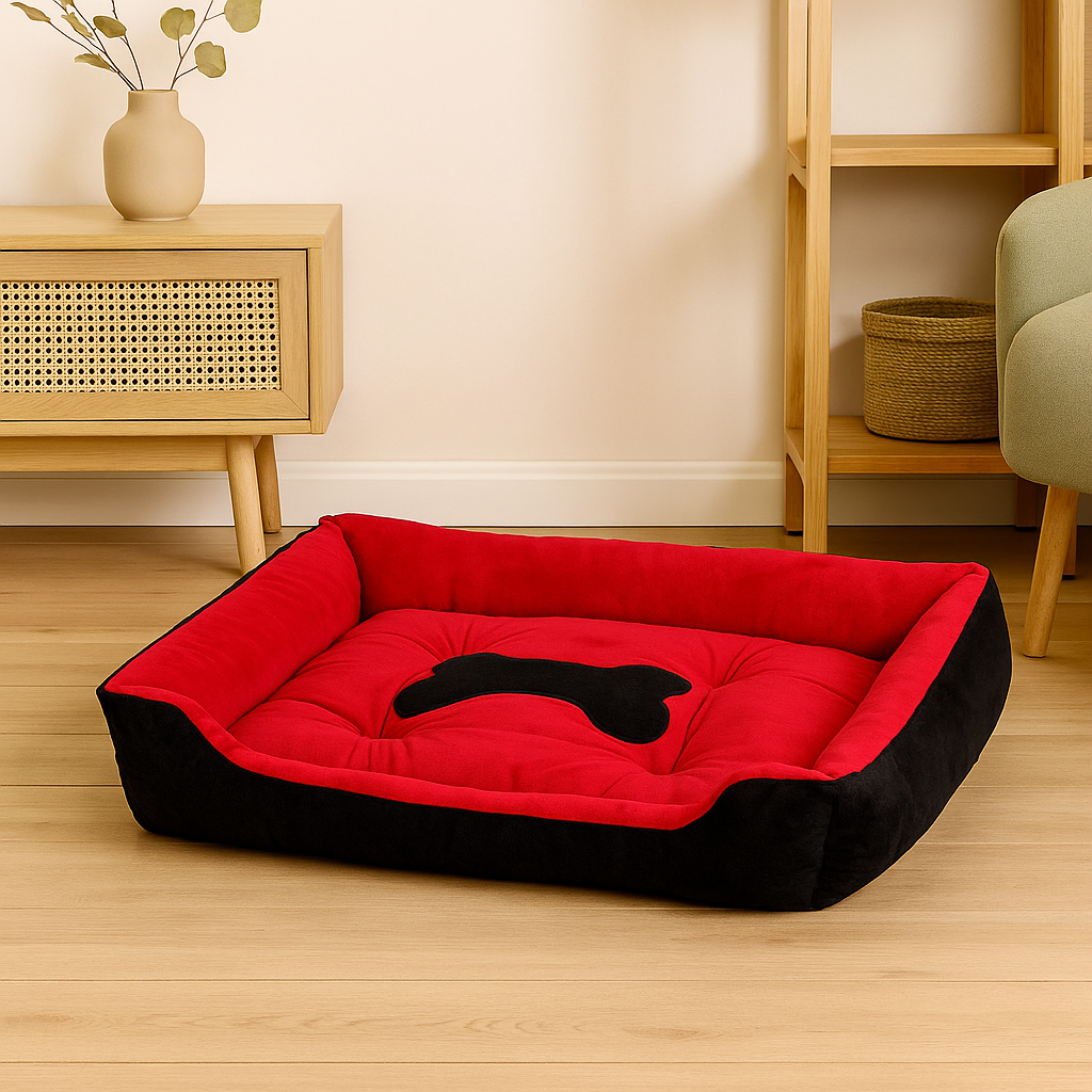 Panier chien xl de couleur rouge et noir posé dans une salle à manger de couleur claire a avec en fond une commode en bois et sur le côté un fauteuil gris. Image produit Boutiquechien