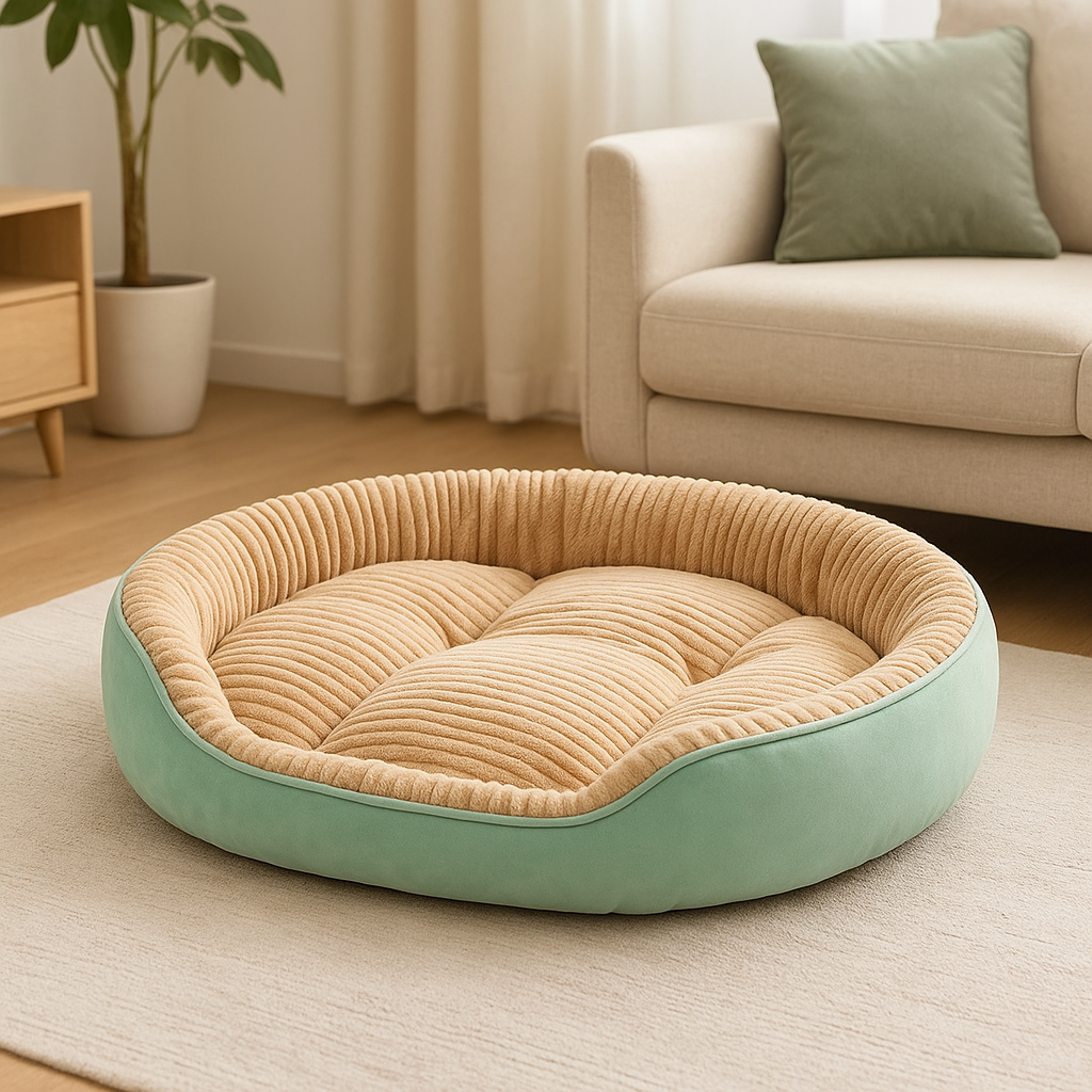 Panier xl chien de couleurs vert et beige posé dans un salon de couleur claire. Le panier chien xl est positionné dans un salon classe avec en fond une plante verte. Image produit Boutiquechien