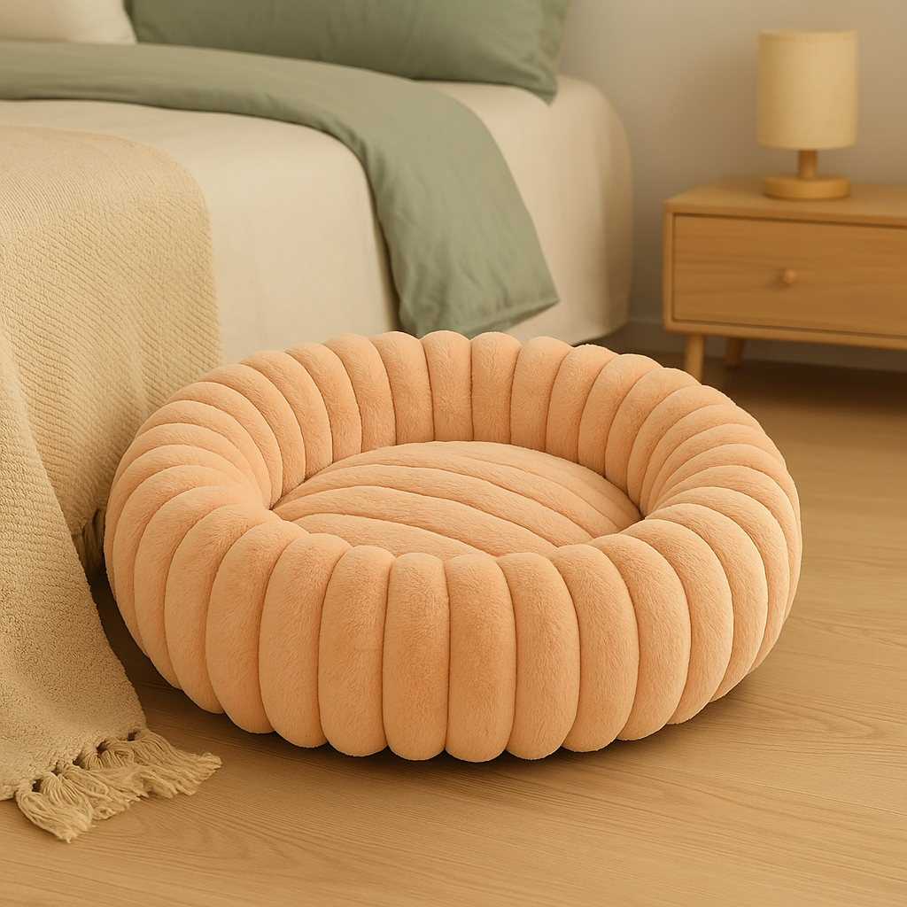 panier pour chien xl de couleur pêche dans une chambre de couleur claire. Il y a un lit et une commode en bois. Image produit Boutiquechien