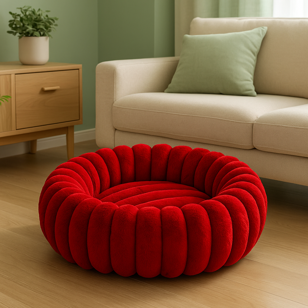 Panier pour chien xl de couleur rouge posé dans un salon de couleur claire avec en fond un canapé blanc et une table basse en bois. Image produit Boutiquechien