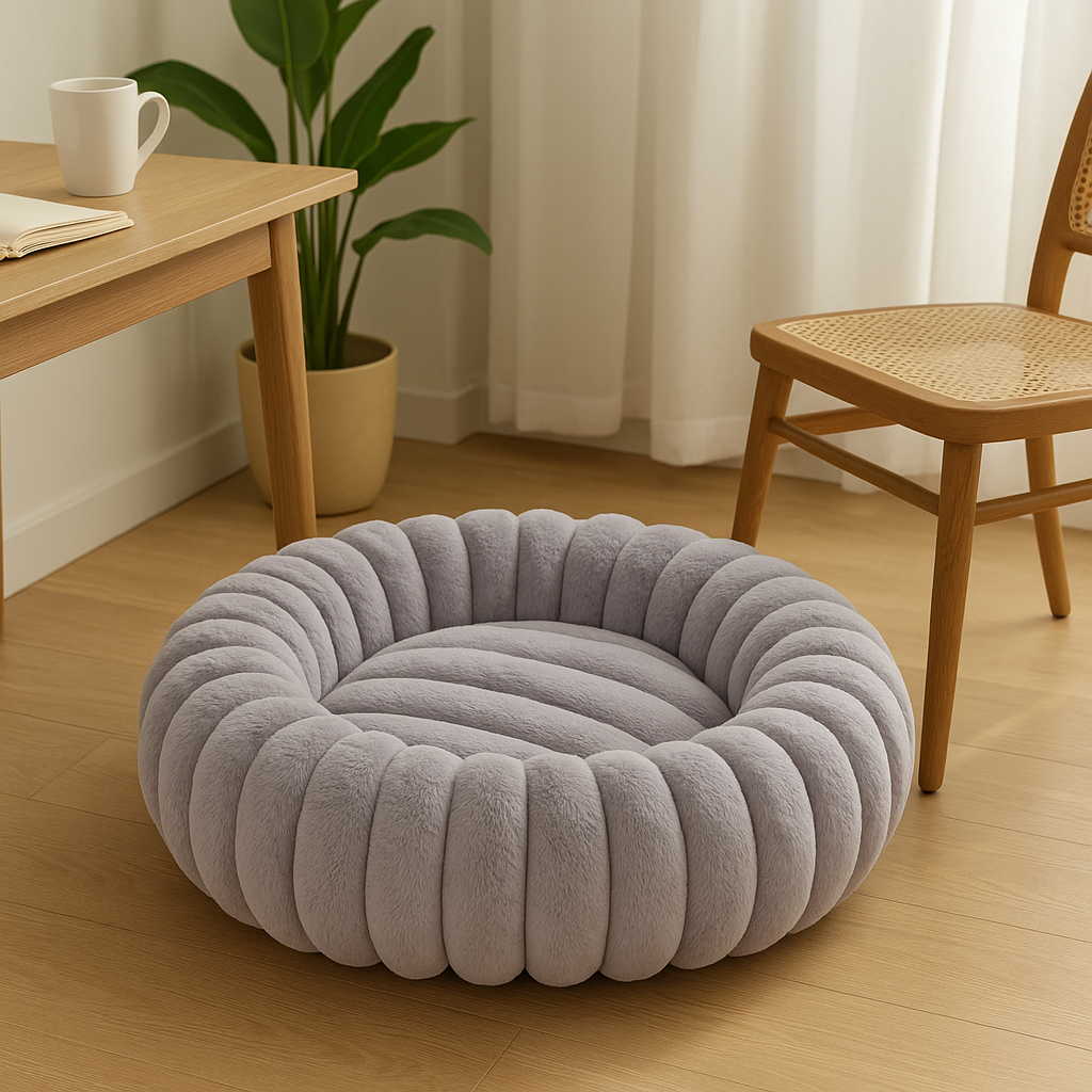 Panier pour chien xl gris posé dans un bureau. Le bureau possède une chaise en bois et un bureau en bois. Image produit Boutiquechien
