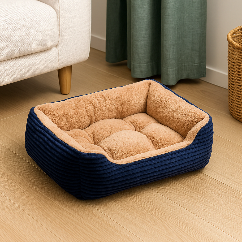 Panier chien xxl de couleur bleu et brun posé dans un salon qui possède un canapé blanc et une panière en osier.Image produit Boutiquechien