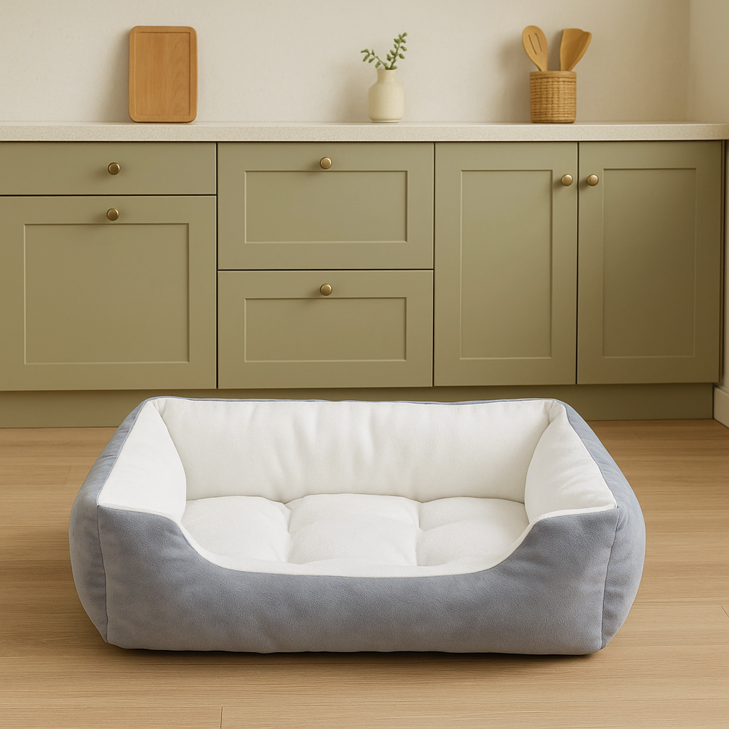 panier chien xxl de couleur gris et blanc posé dans une cuisine de couleur claire. En fond il y a une cuisine verte avec des couverts en bois. Image produit Boutiquechien