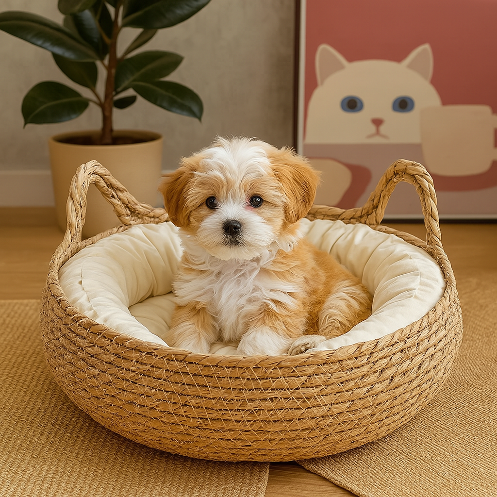 Petit chien blanc et burn couché dans petit chien en osier avec du rembourrage blanc. En fond il y a une plante verte et un tableau de chat. Image produit Boutiquechien
