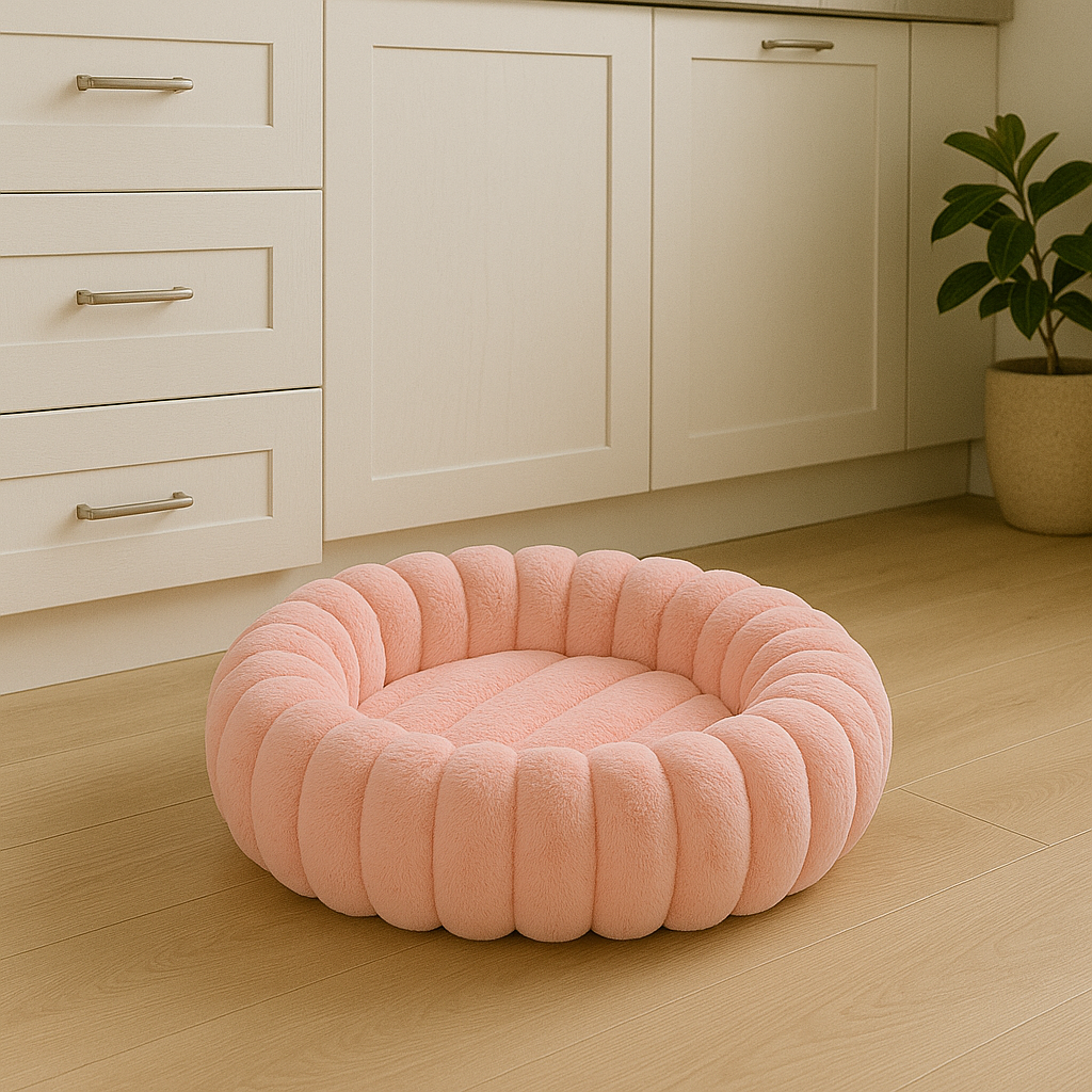 Panier chien xl rose de style fluffy posé dans une cuisine de couleur claire avec en fond une plante verte. Image produit Boutiquechien