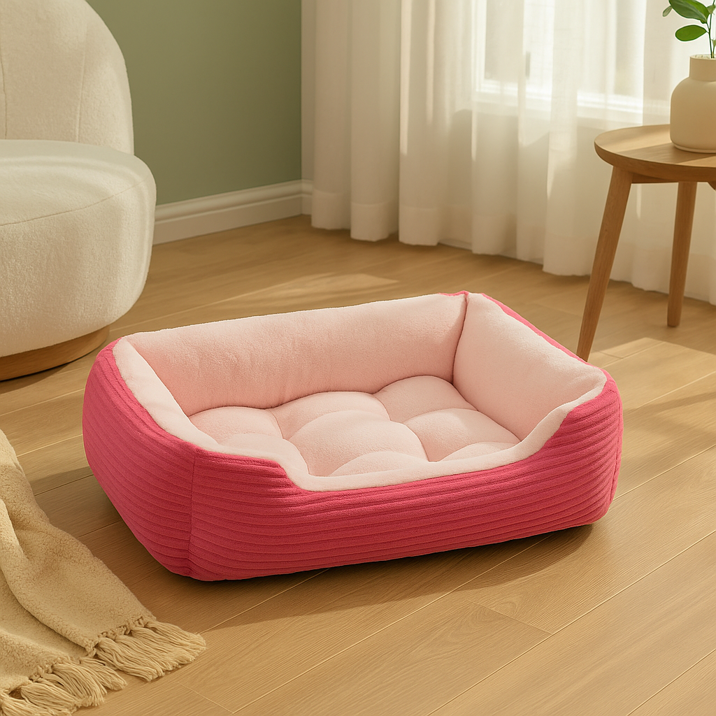 Panier chien xxl posé dans un salon de couleur claire avec en fond un canapé blanc et un petite table en bois. Image produit Boutiquechien
