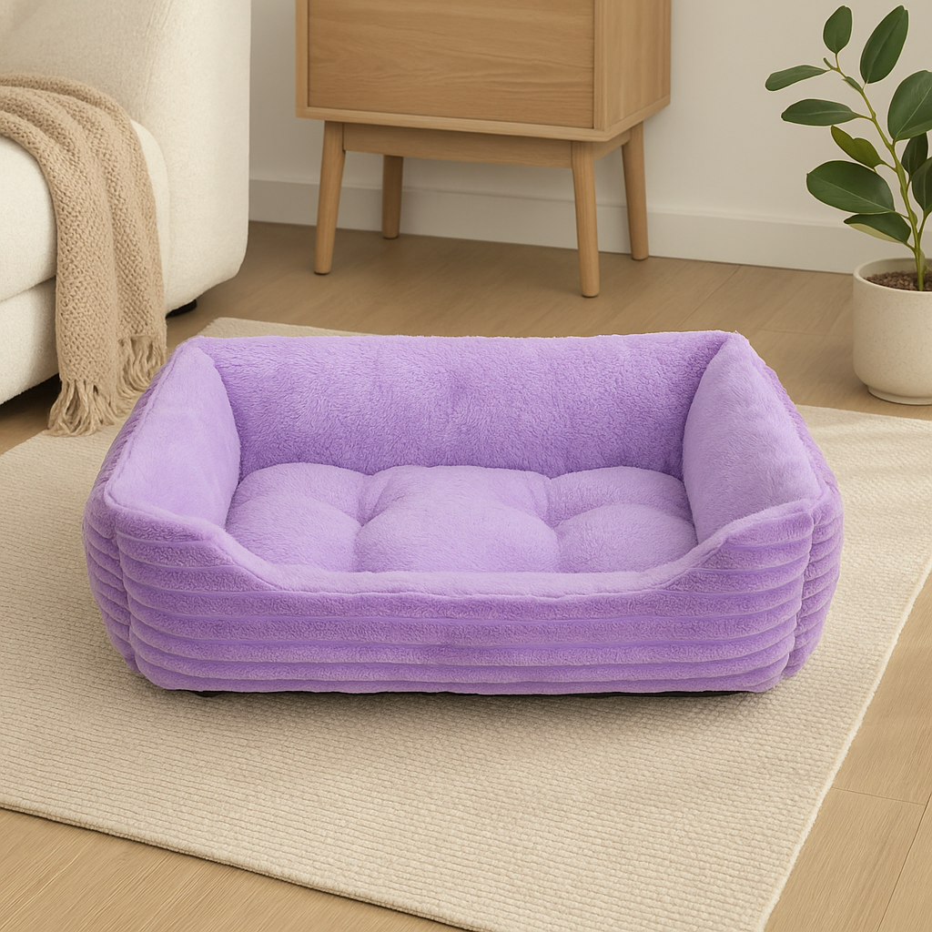 Panier chien xxl de couleur violet, posé dans une chambre de couleur claire. Dans ka chambre il y a un lit blanc, un pot de fleur blanc, une commode en bois claire et un tapis blanc sur lequel est posé le tapis chien xxl de couleur violet. Image produit Boutiquechien