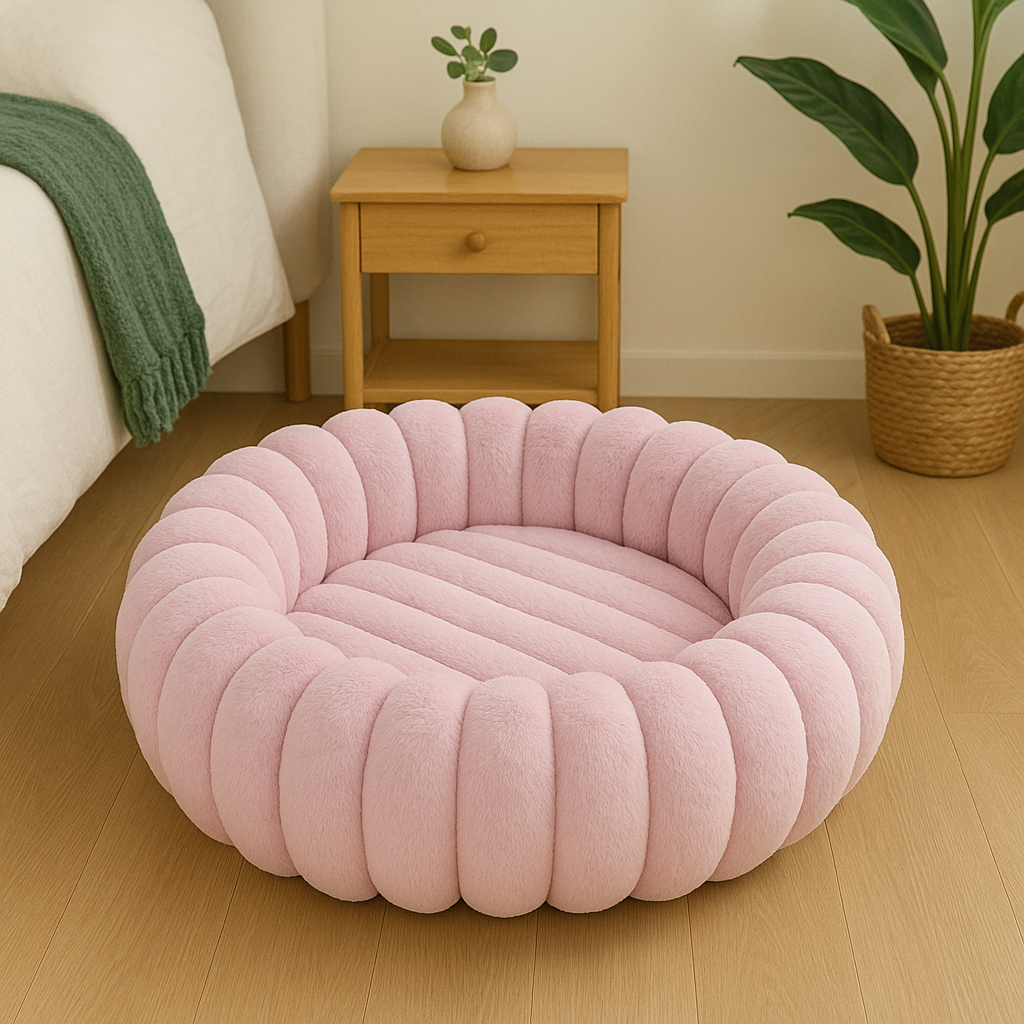 Panier chien xl de couleur rose fluffy moelleux. Le panier chien xl est posé à côté d'un lit blanc et d'une commode en bois. Image produit Boutiquechien