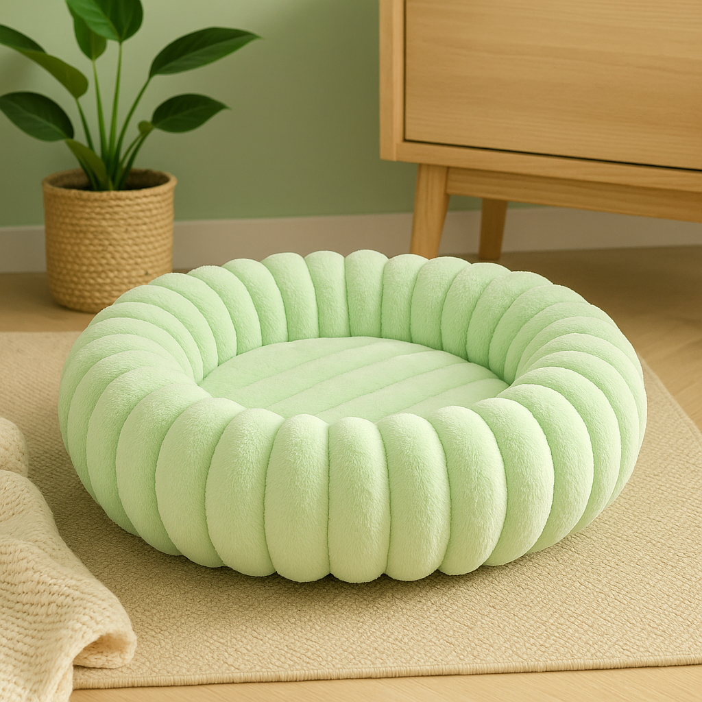 Panier pour chien xl de couleur vert. Le panier pour chien xl fluffy vert posé près d'une commode en bois et d'un pot de fleur vert. Image produit Boutiquechien