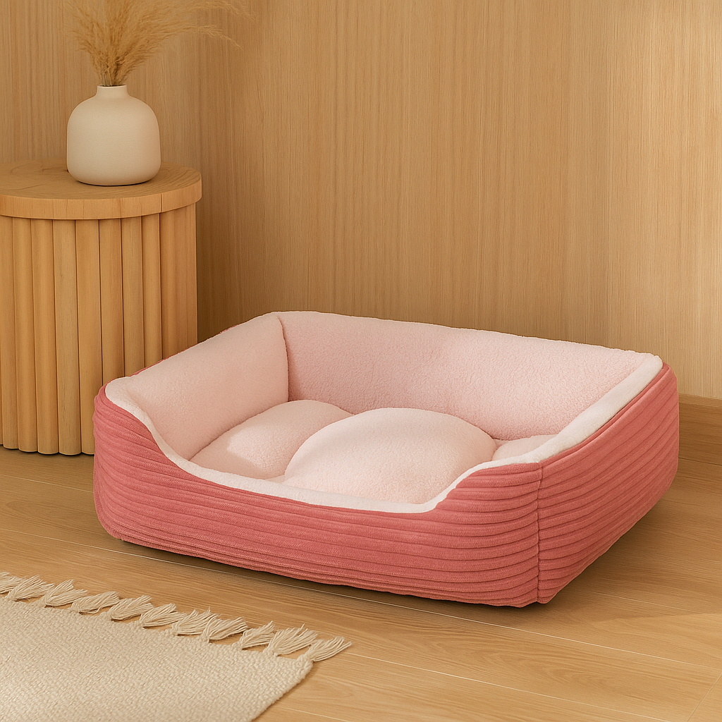 Panier chien xxl de couleur rose rembourré dans un salon design en bois. Image produit Boutiquechien